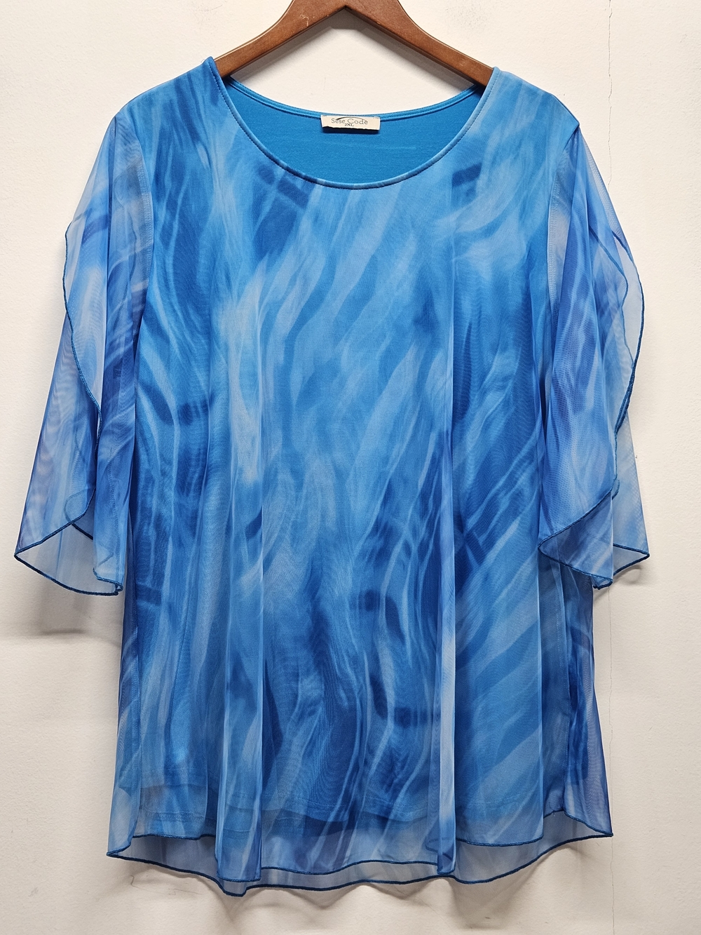 Womens Top Blue Layered Sheer Wave Print Flutter Sleeve Size 2X Coastal Beachy